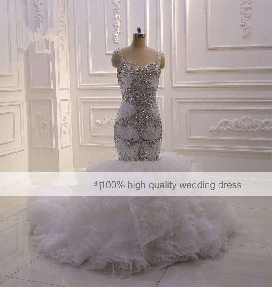 luxury beading mermaid wedding dresses sexy spaghetti neck tiered skirts bridal gowns plus size robe de soiree