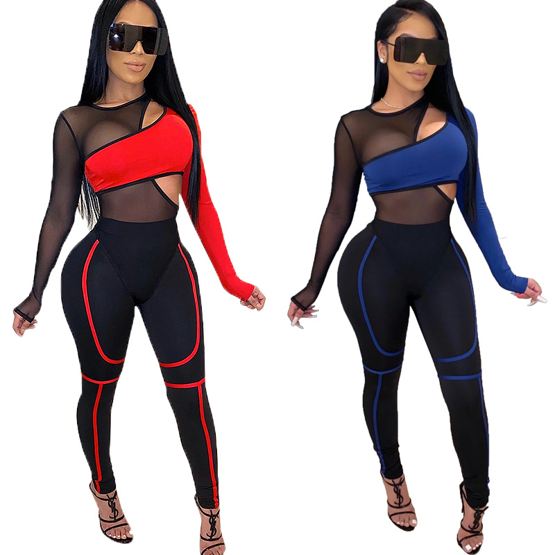 Designer Womens Clothes Sexy 2 Pieces Pants Spring Long Sleeve Hollow Out Two-piece Jogger Set Ladies Fall Tracksuit Sweat Suits Black+Red от DHgate WW