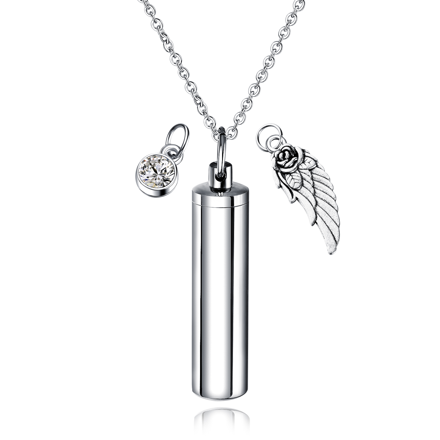 Cylinder Capsule Secret Message Vial Cremation Ash Urn Necklace in Stainless Steel Stash Locket Wing and Crystal Dangle Necklace
Cylinder Capsule Secret Message Vial Cremation Ash Urn Necklace in Stainless Steel Stash Locket Wing and Crystal Dangle Necklace
