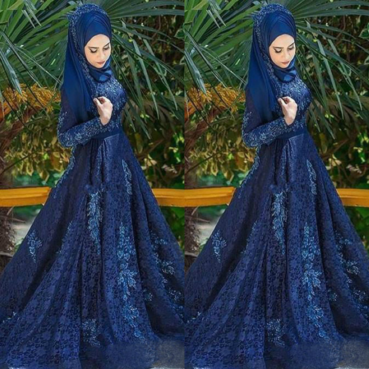 Navy Blue Muslim Prom Dresses Long Sleeves Lace Applique Sweep Train Formal Evening Gowns Plus Size robes de soirée