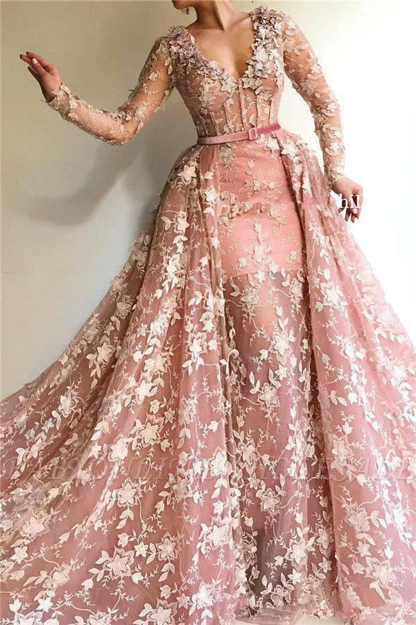 3D Wers Pink Lace Prom Dresses With Detachable Train V Neck Long Sleeve Arabic Dubai Mermaid Ocn Evening Wear Dress 6660306