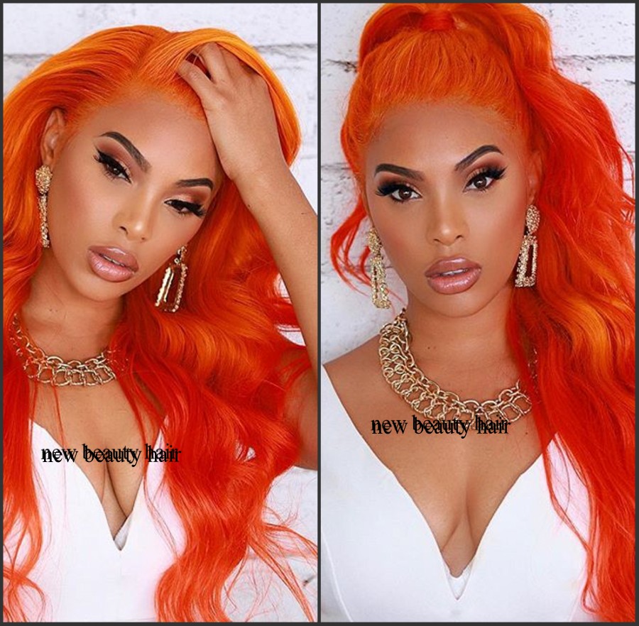 New celebrity style Orange Color Hair Wigs Natural Long Wave brazilian hair Wigs Heat Resistant Synthetic Lace Front Wigs for women