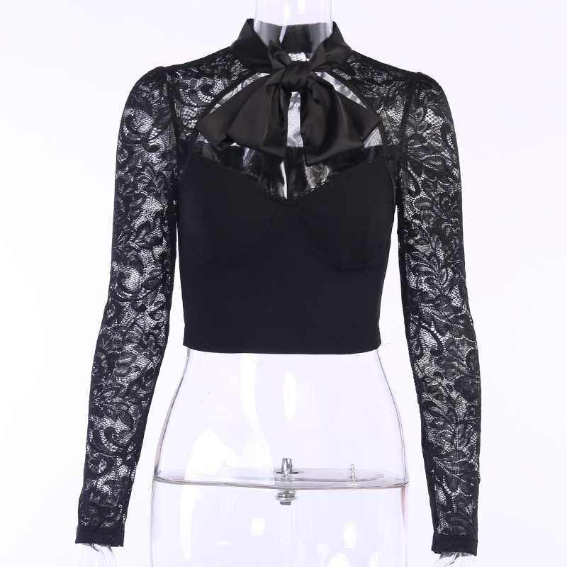 Women's Blouses & Shirts Women Lace Shirt Long Sleeve Bandage Up Perspective Deep V Neck Black Blouse Top Elegant Casual Ladies Korean Blusa