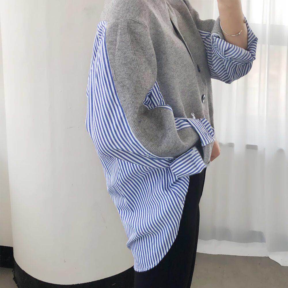 New design womens autumn knitted v-neck patchwork stripe asymmetric irregular sweater blouse top coat loose korean casacos