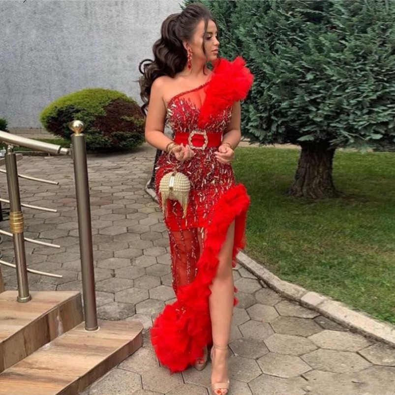 Red One Shoulder Prom Dresses South African See Through Sheath Evening Gowns Ruched Tulle Formal Party Dresses Custom Made