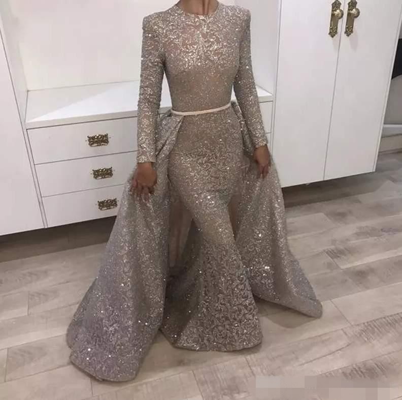 Sparkly Gold Sequins Mermaid Prom Dresses with Detachable Train Long Sleeves 2020 Newest Evening Gown Formal Occasion Wear