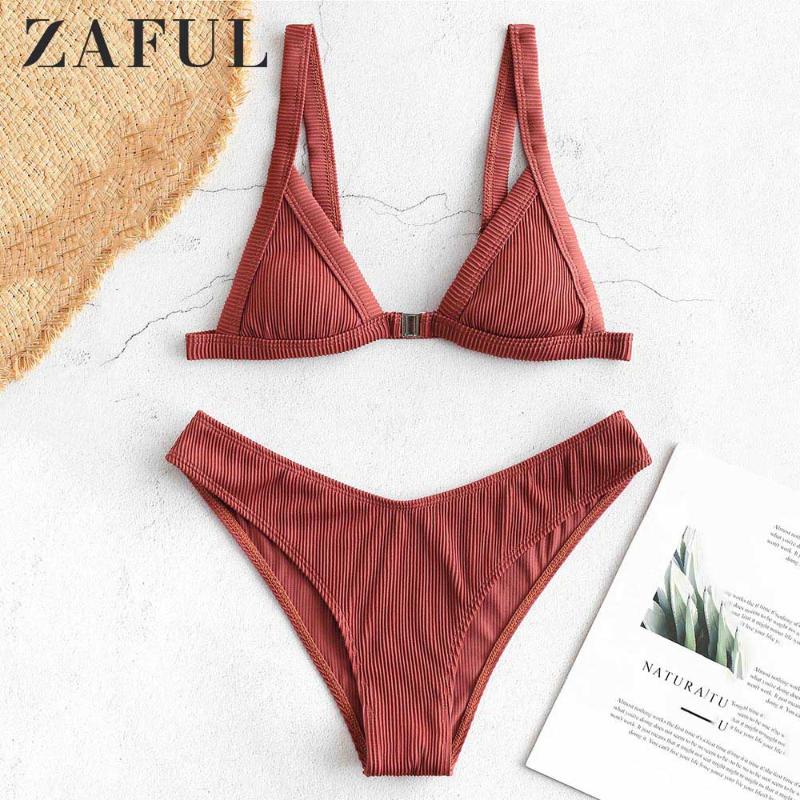 

ZAFUL Bikini 2020 Textured Ribbed Front Closure Bikini Set Straps Solid Sexy Push Up Swimwear Women Swim Suit Padded Biquini