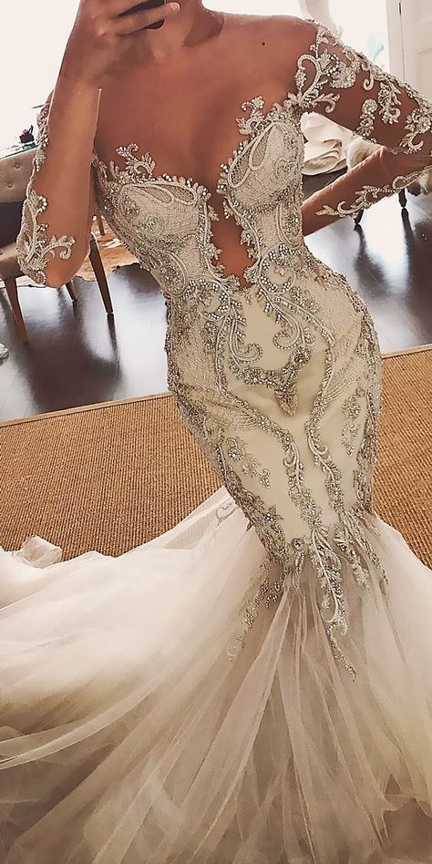 luxurious sparkly mermaid wedding dresses sheer neck long sleeves beaded crystals lace bridal dresses sexy wedding gowns