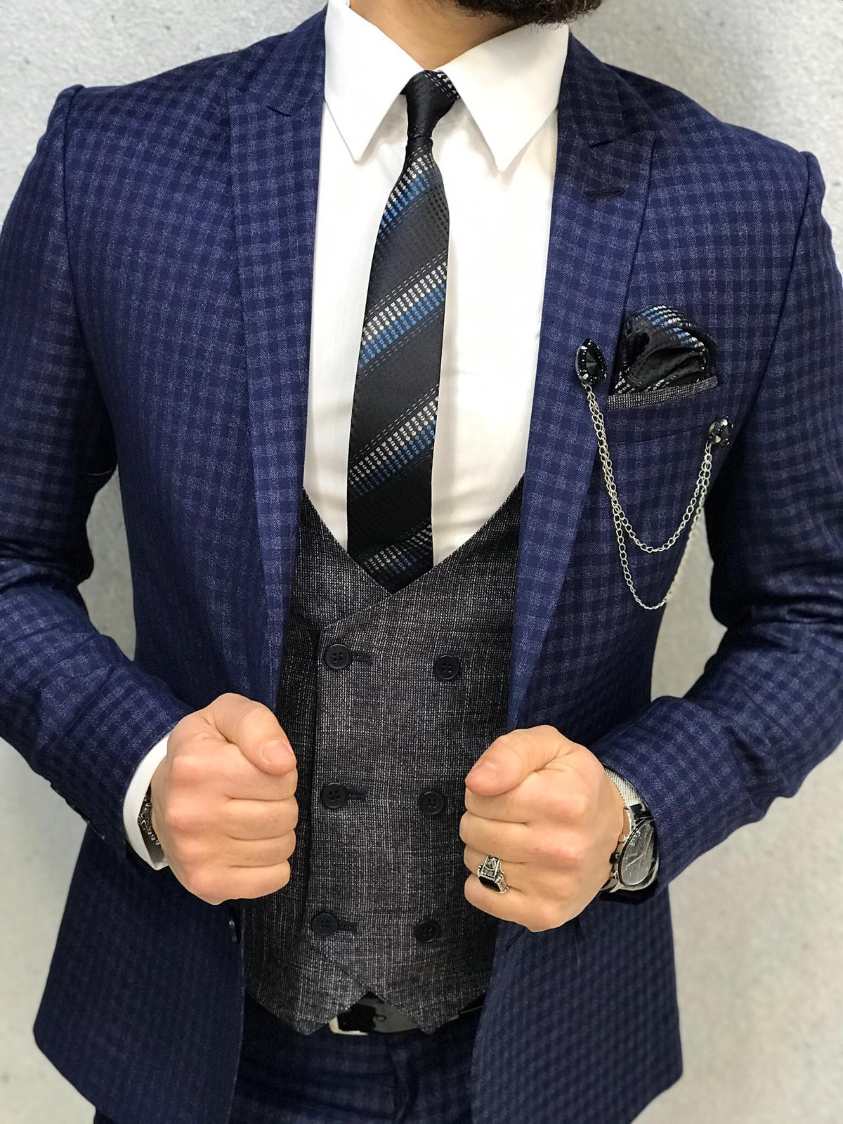 Navy Blue Plaid Groom Wedding Tuxedos Slim Fit 3 Pieces Notched Lapel Mens Pants Suits High Quality Designer Jackets