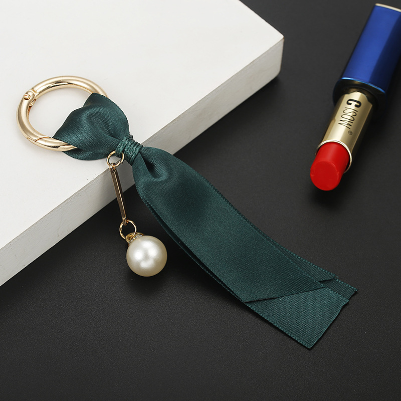 Handmade Fashion Women's Bag Jewelry Pendant Car Key Ring Pearls Detachable Korean Ribbon DIY Accessories Silk Keychain Gift