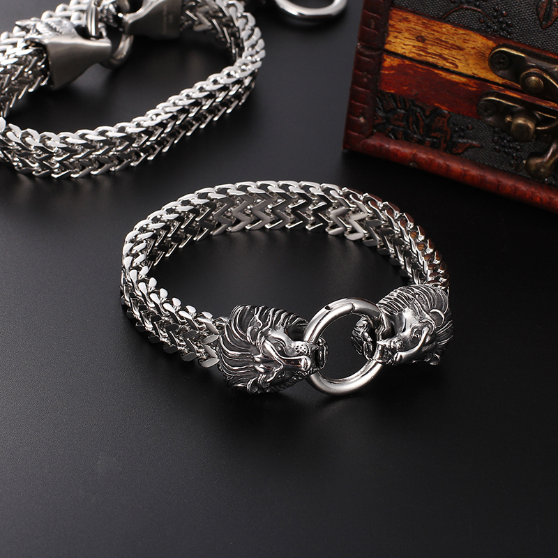 Men's Thick Heavy Bracelets Lion Head Wolf Head Skull Head Bangle Stainless Steel Titanium Steel High Quality Jewelry