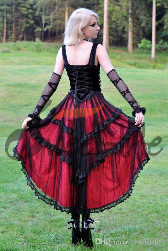 Gothic Vintage Sexy A Line Prom Dresses Girls Hi-Lo Spaghetti Straps Red Black Lace Party Wear Plus Size Formal Dress robes de soirée