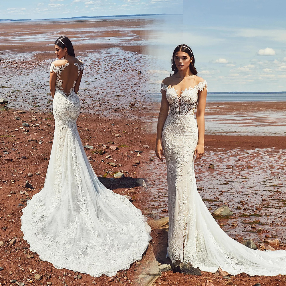 Elegant Hollow Back Mermaid Wedding Dresses Jewel Neck Capped Appliques Beads Lace Sheath Wedding Dress Sweep Train Bridal Gown, Beige
Elegant Hollow Back Mermaid Wedding Dresses Jewel Neck Capped Appliques Beads Lace Sheath Wedding Dress Sweep Train Bridal Gown, Beige