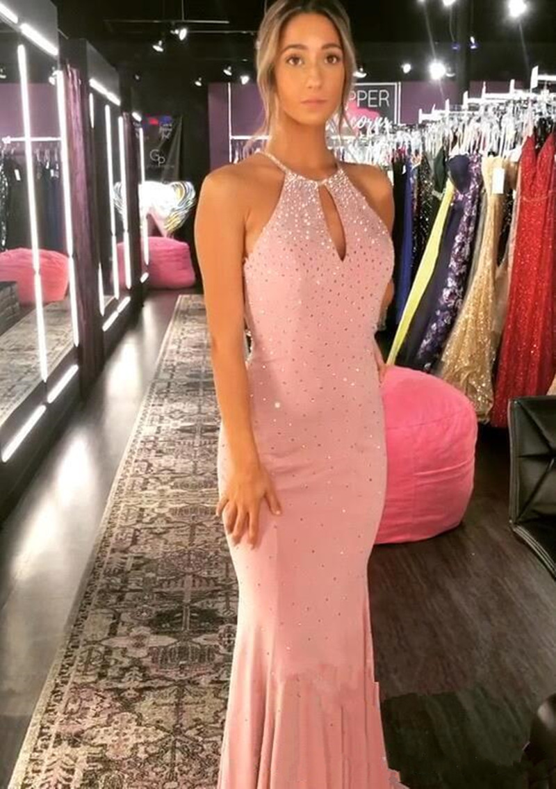 Elegant Halter Chiffon Mermaid Long Prom Dresses 2019 New Beaded Stones Criss Cross Floor Length Formal Party Evening Dresses