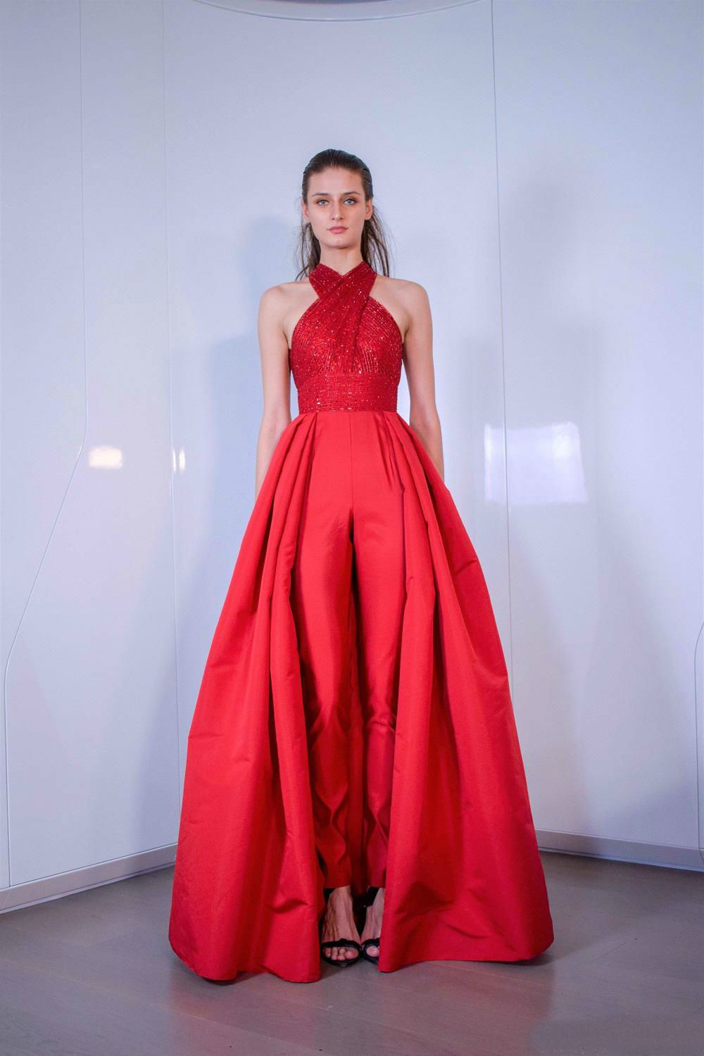 2019 Red Prom Dresses Sleeveless Sequined Backless Women Jumpsuits Evening Gowns with Overskirt Cocktail Party Dresses Custom Made
