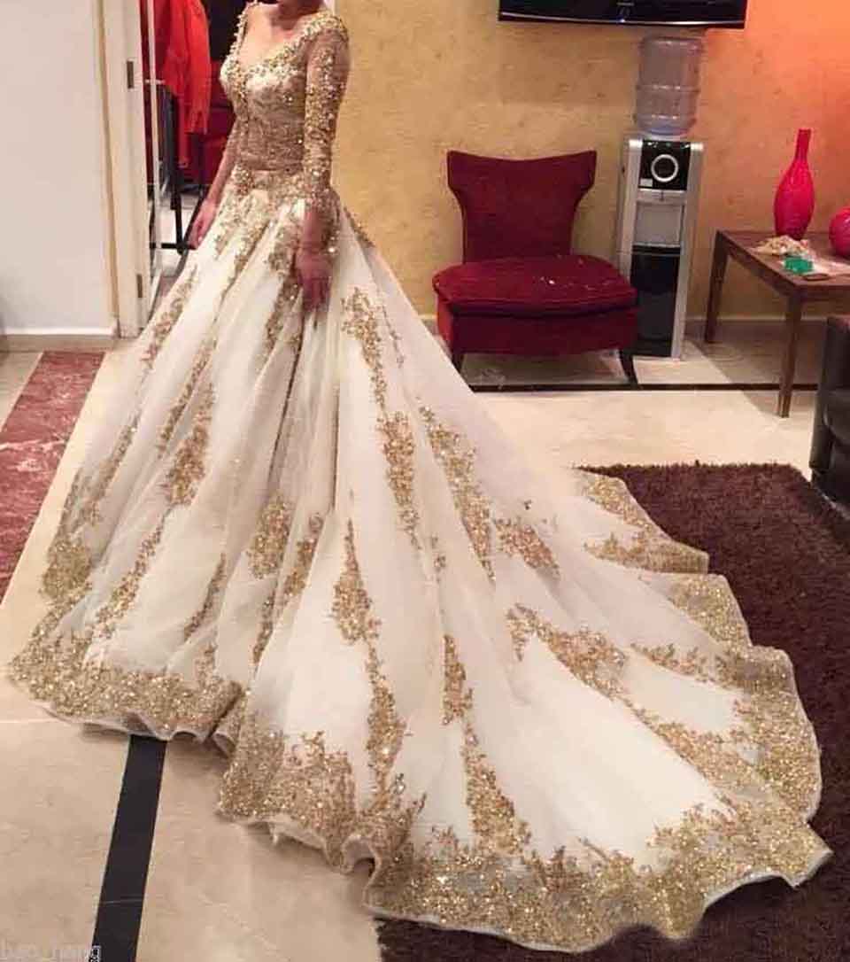 Wedding Dress V-neck Long Sleeve Arabic Bridal Gown Gold Appliques embellished with Bling Sequins 2017 Sweep Train Amazing Formal Gowns