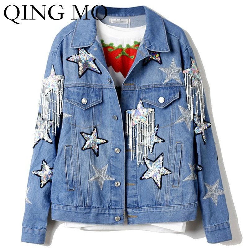 QING MO Women Full Length Turn-down Collar Coat Women Tassel Denim Coat Letter Sequin 2020 Spring ZQY429, Blue 
QING MO Women Full Length Turn-down Collar Coat Women Tassel Denim Coat Letter Sequin 2020 Spring ZQY429, Blue