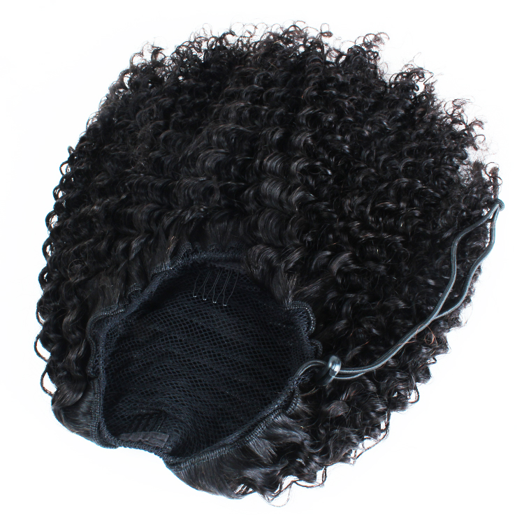 Eye catching low curly ponytail hairdo natural drawstring human hair with clips baby hair style 140g