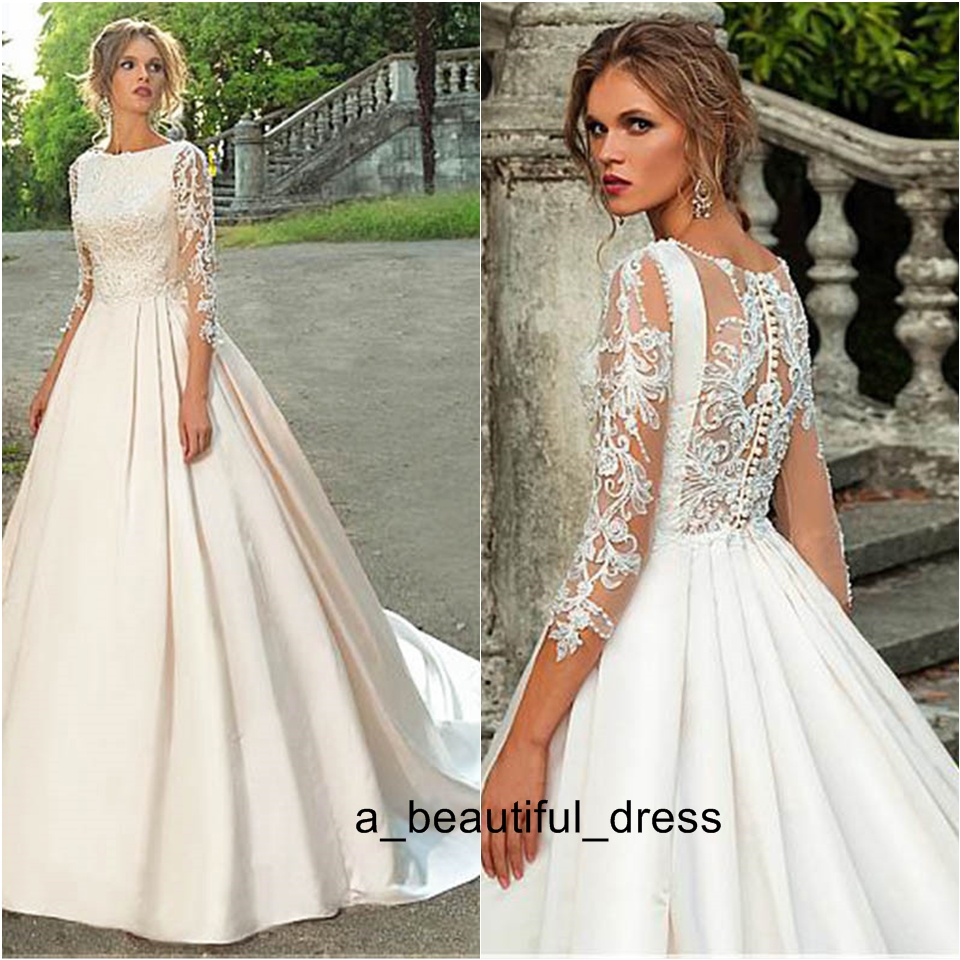 Cheap Wedding Dress Long Sleeve A-line Lace Appliques Satin Bridal Dress With Beaded Princess Wedding Dress free shipping
