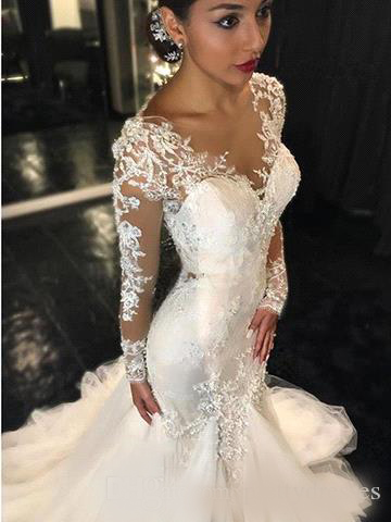 2020 Sheer Long Sleeves Lace Appliques Slim Mermaid Wedding Dresses Beading Sequins Middle East Dubai Bridal Gowns Vestidos De Mariee Cheap
