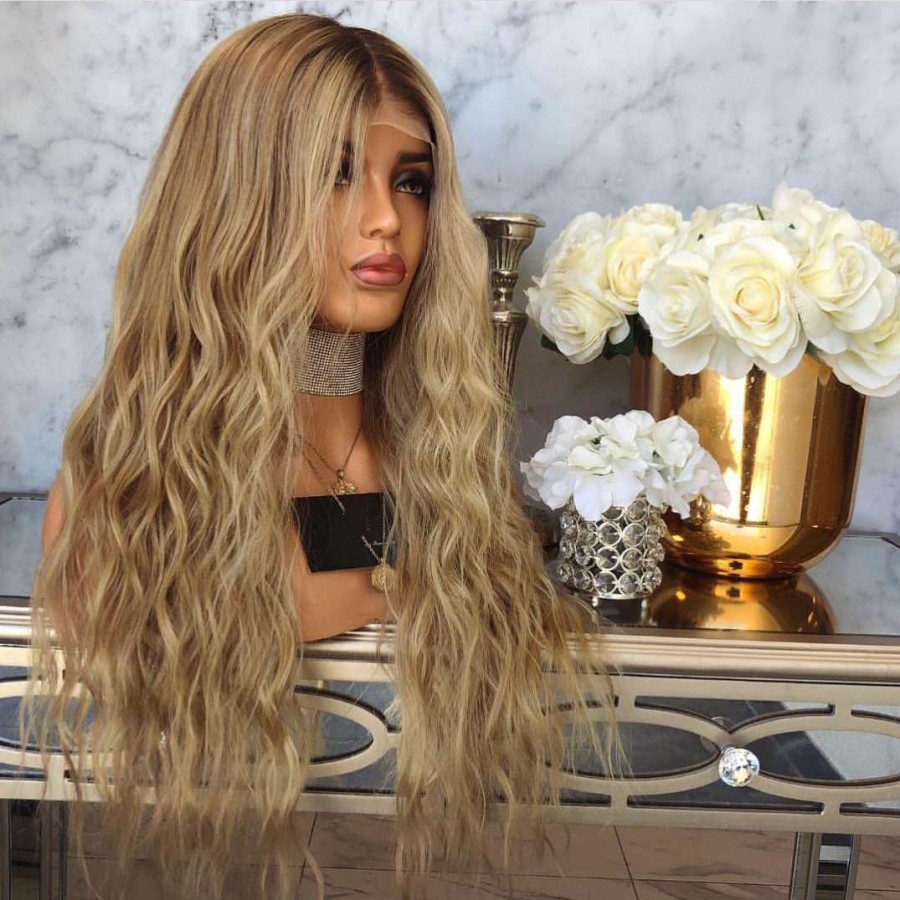 Natural look vintage blonde wig long loose wave wigs Brazilian hair synthetic lace front wig heat resistant Synthetic Hair