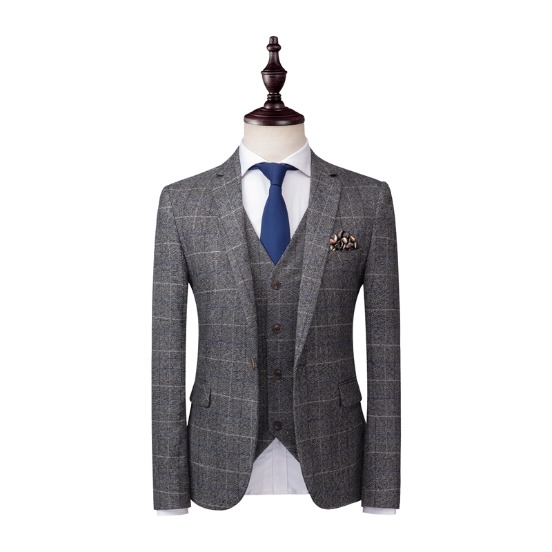 2019 Grey Mens Suits Tweed Wool Check Suits Regular Fit Groom Tuxedos Custom Made Plaid Wedding Tuxedos Formal Dress