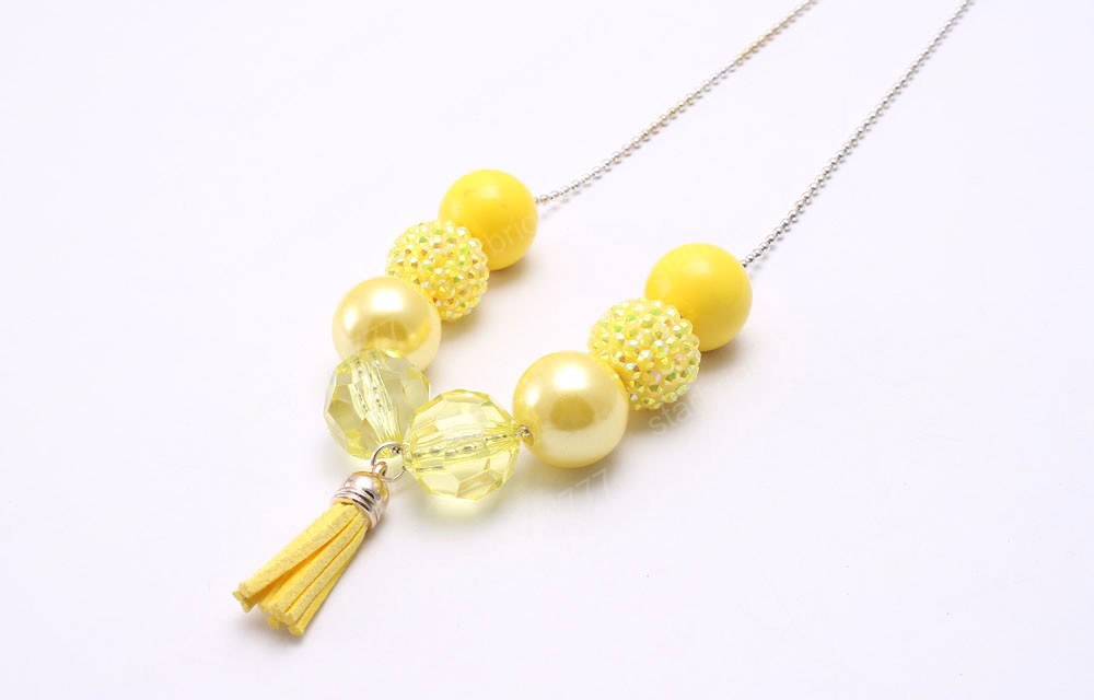 Cute Tassel Pendant Design Girls Kids Chunky Beads Necklace Yellow Bubblegum Handmade Chain Necklace Children Jewelry