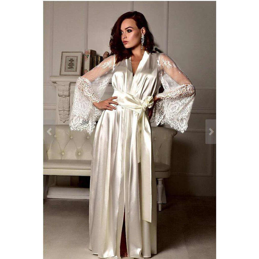 Women Sexy Silk Dressing Sleepwear Babydoll Lace Lingerie Belt Bath Robe Nightwear Plus Size Female Bathrobes