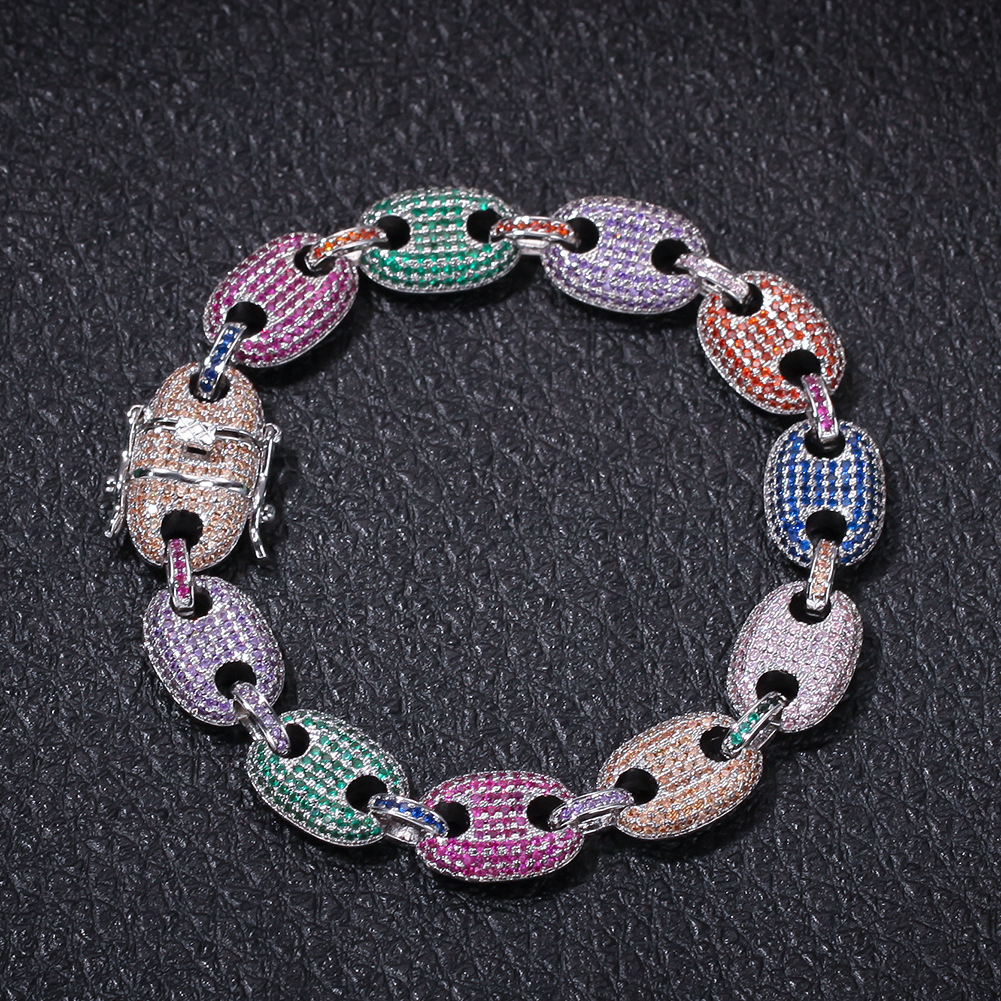 13mm Hip Hop Shining Colorful Zircon Tennis Bracelet 18k Gold Plated Men Women Bling Coffee Beans Chain Bangle