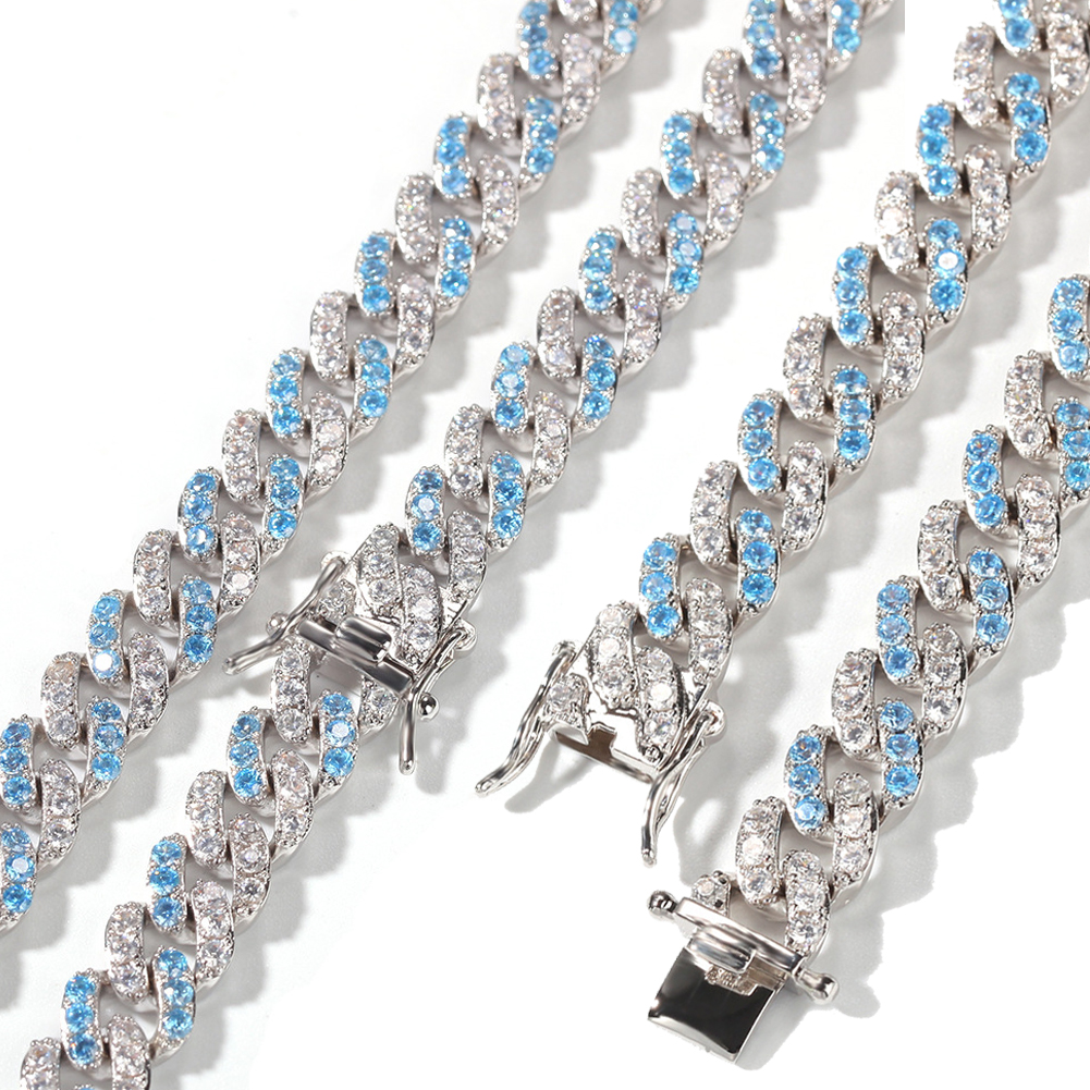 8mm Mens Hip Hop Bling Bling Sea Blue Cubic Zirconia Cuban Link Chain Necklace Bracelet Iced Out Punk Rock Rapper Jewelry Gifts for Men Guys