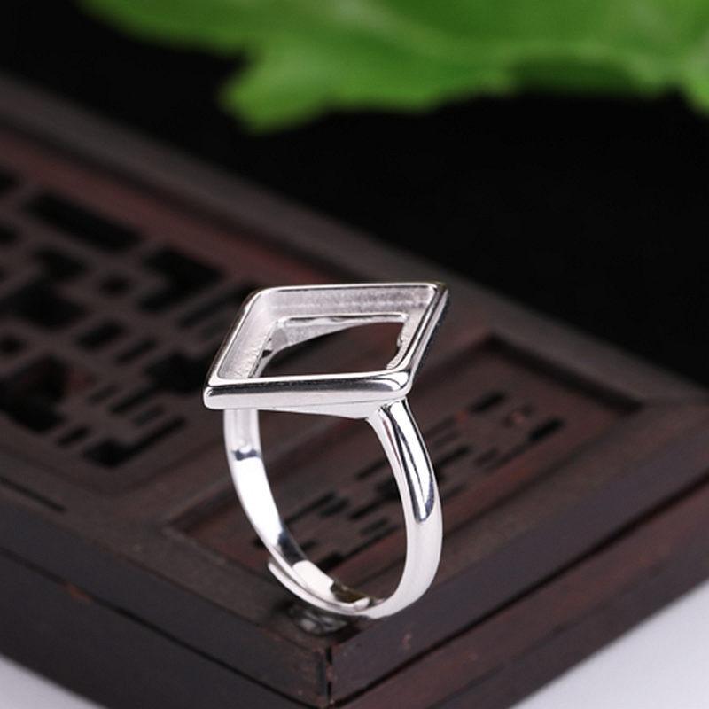 925 Sterling Silver Engagement Wedding Ring 13x18mm Rhombus Cabochon Semi Mount Ring Fit Amber Turquoise Lapis Lazuli Setting