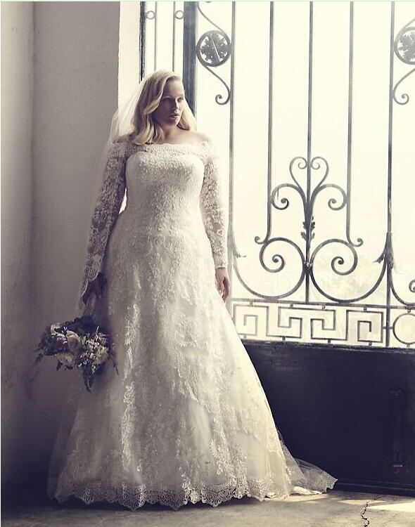 Plus Size Wedding Dresses Bridal Gowns Lace Appliques Beads A Line Robe De Mariee Custom Made Off The Shoulder Long Sleeve Wedding Gowns