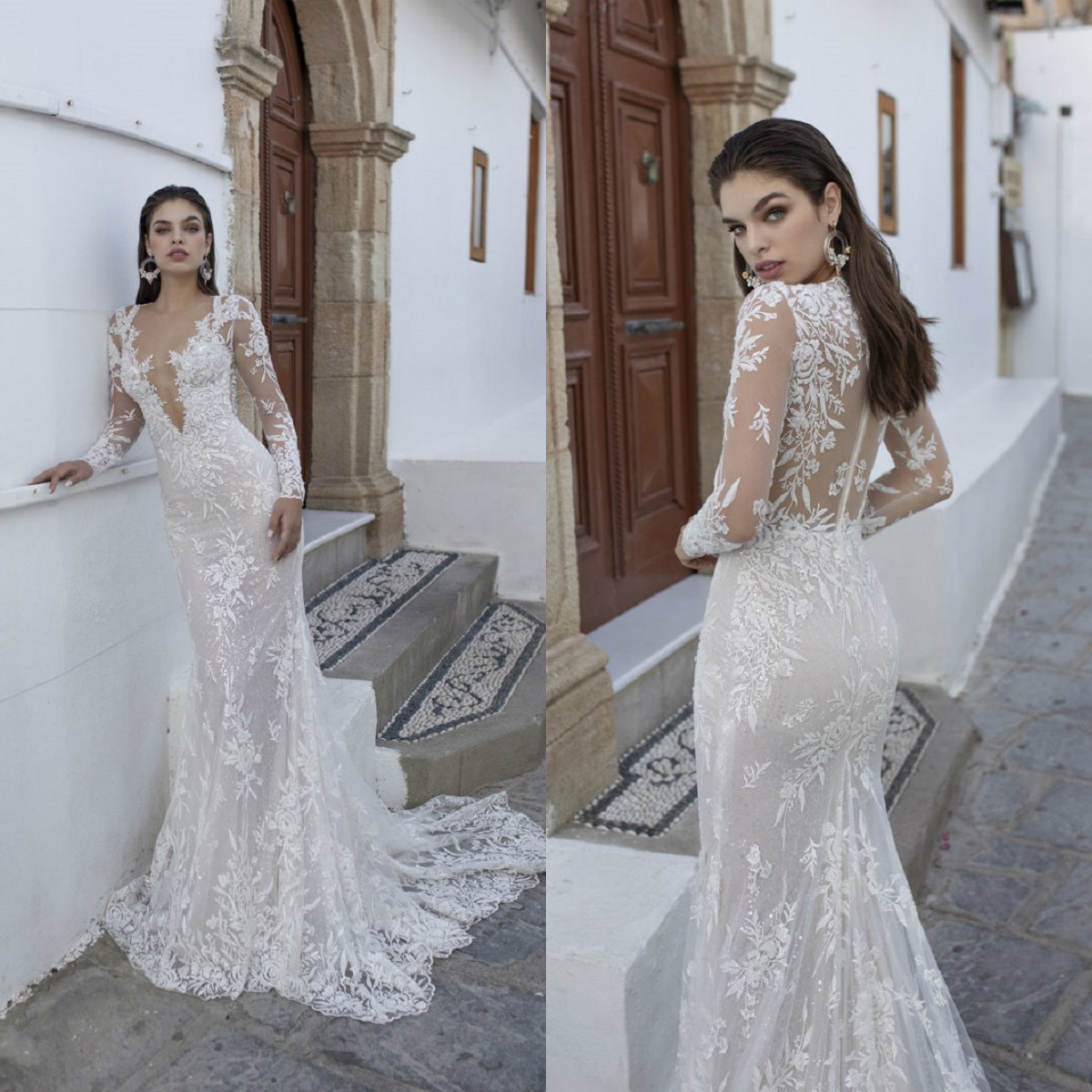 Elegant Lian Rokman Mermaid Wedding Dresses 2020 Appliqued Lace Sheer Deep V Neck Bridal Gowns Sweep Train Country Robe De Mariée