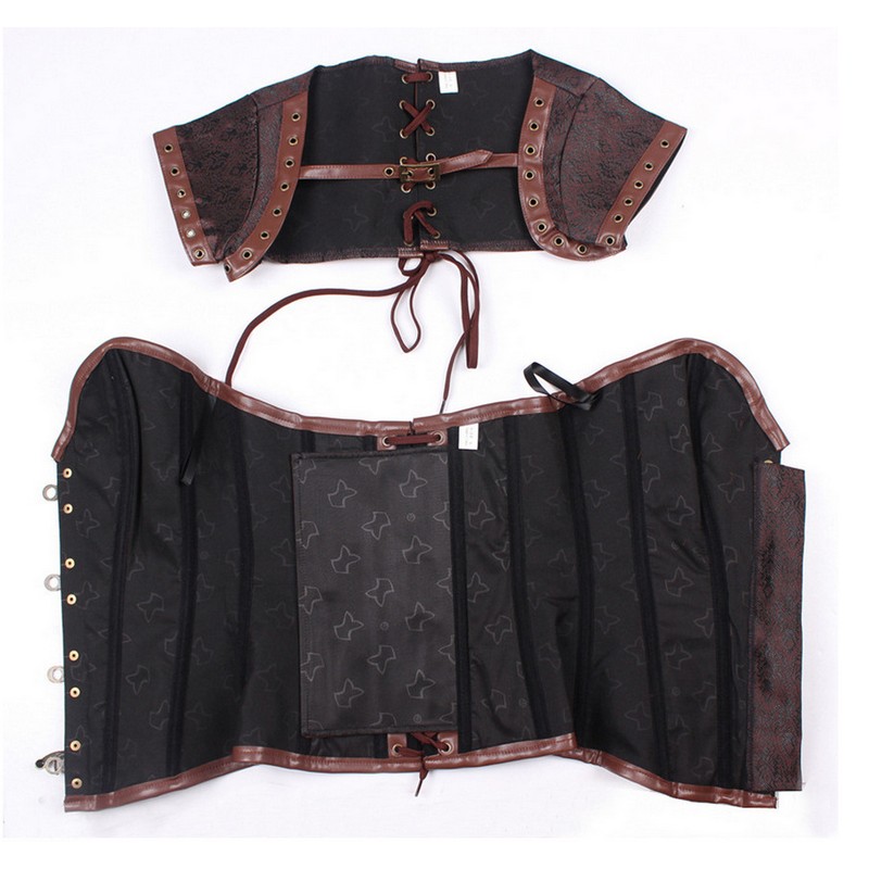 4pcs Set Women Medieval Steampunk Gothic Jacquard Overbust Corset Top with Bolero Jacket PU Leather Belt and Thong Costume S-6XL Plus Size