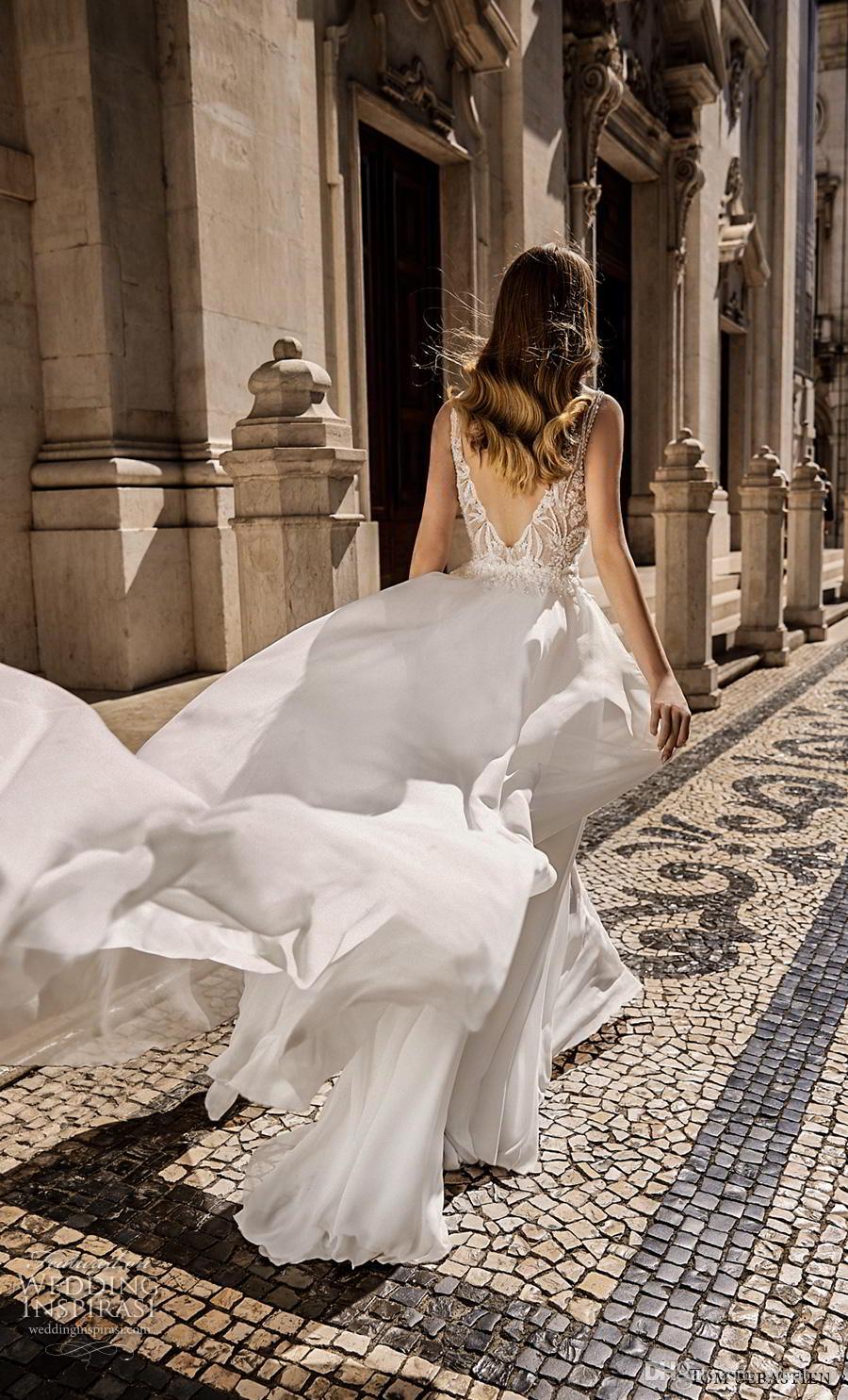 Chiffon Beach Dresses A e V Neck Backless Sweep Train Tulle Embroidery Lace Wedding Dress Garden Boho Bridal Gowns