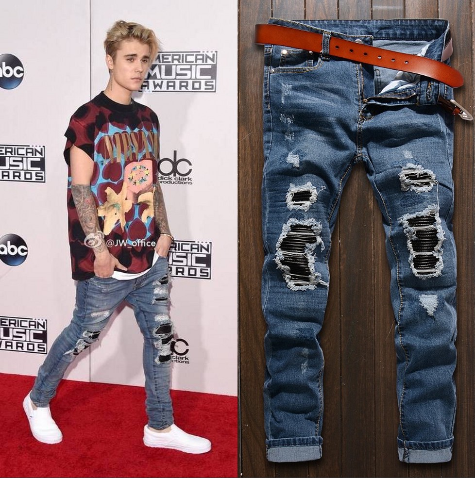 Men's Jeans Hem Zipper Stretch Knee Ripped Biker Men Hole Hip Hop Clothing Skinny Fashion Brand Pants Drop