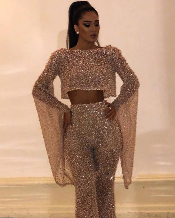 Yousef aljasmi Jumpsuit Prom Dresses Two Pieces Long Sleeves Sequined Formal Evening Gowns Backless African Party Gowns Plus Size