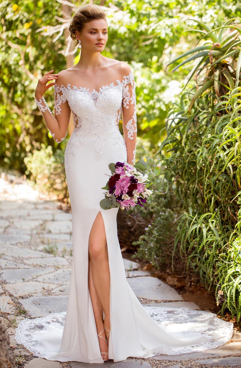 Lace Fashion Mermaid Backless Wedding Dresses Sheer Bateau Neck Appliqued Bridal Gowns Sweep Train Beaded Trumpet Side Split Robe De Marie