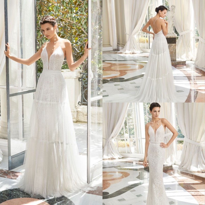 Bohemia 2019 Mermaid Full Lace Wedding Dresses With Detachable Skirt Spaghetti V Neck Beach Wedding Dress Bridal Gowns Sexy Custom Made