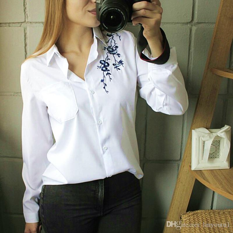 2020 Floral Embroidery Striped Blouse Women Long Sleeve Shirt And Tops Casual Cotton Plus Size 3XL Tops Office Lady