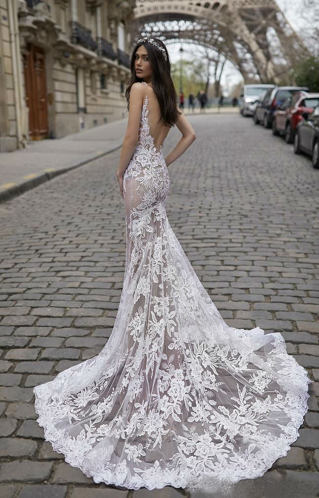 2019 Julie Vino Sexy Mermaid Wedding Dresses with Detachable Train Illusion V Neck Lace Applique Open Back Bridal Gowns Beach Wedding Dress