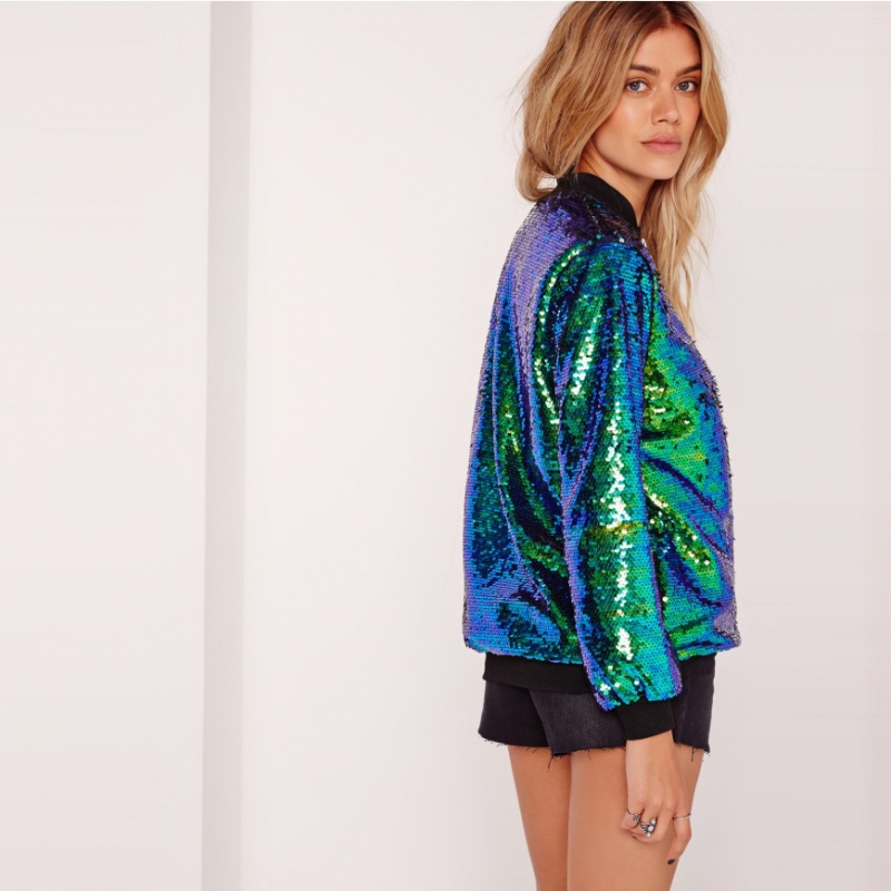 2019 Autumn Women Sequin Coat Green Bomber Jacket Long Sleeve Zipper Streetwear Tunic Loose Casual Basic Lady Winter Outwear #651