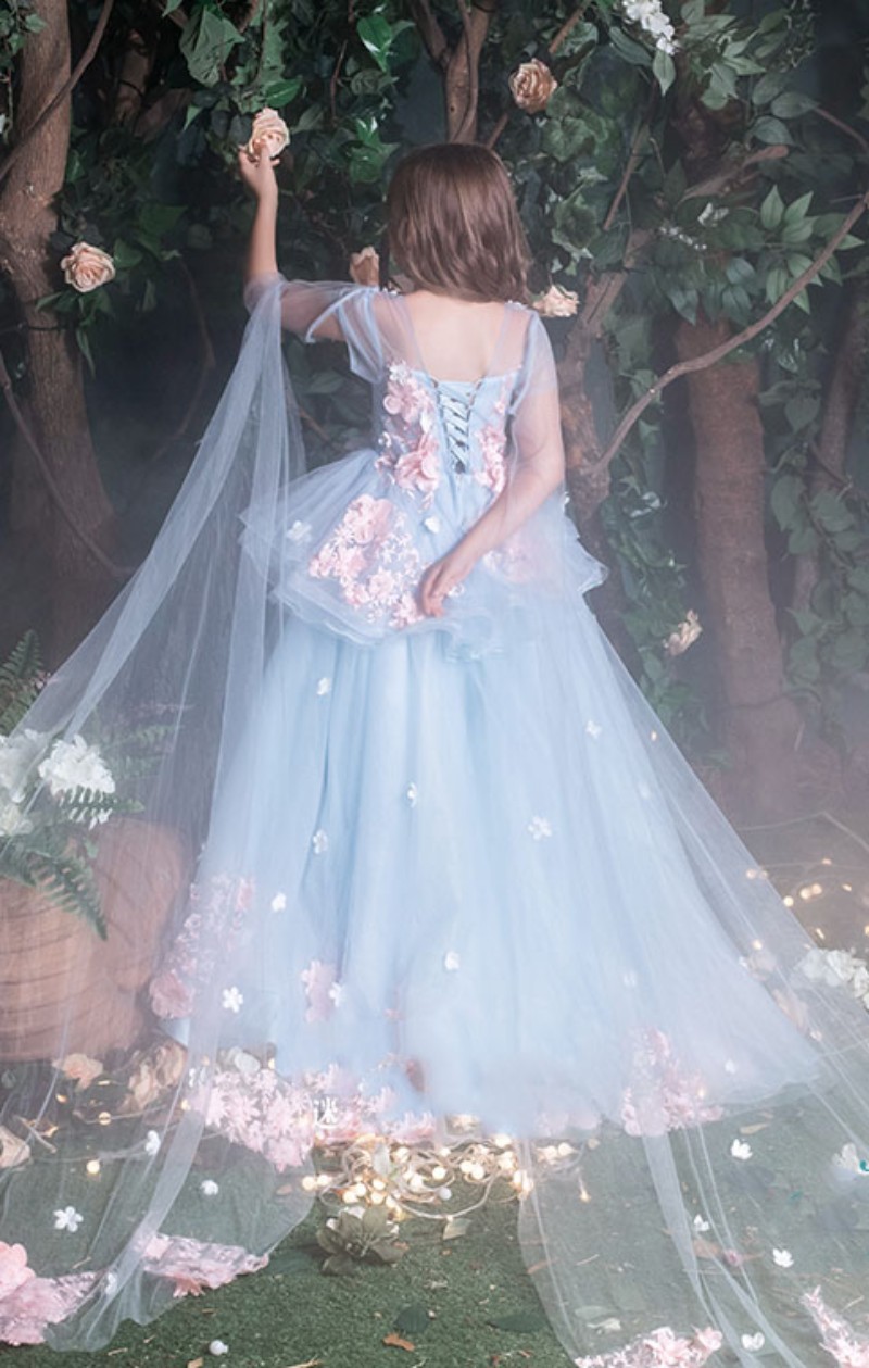 2019 Flower Girl Dress Ball Gown Girls Formal Dresses Sheer Jewel Neck 3d Flowers Floor Length Long First Communion Dresses Little Girls
