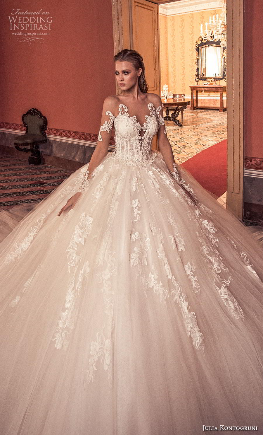 Julia Kontogruni Vintage Wedding Dresses Long Sleeve Lace Appliques Chapel Train Bridal Gowns Plus Size robe de mariée