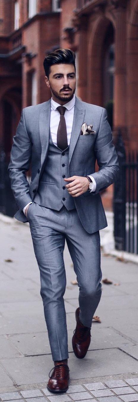 Grey Business Men Suits for Wedding Lapel Gentle Groom Wear Slim Fit Groomsmen Wedding Tuxedos 3 Piece (Jacket Pants Vest)Best Man Blazer