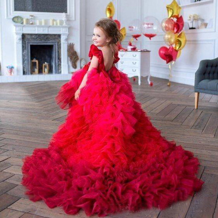 2020 Red Pageant Dresses Jewel Neck Ruffles Tiered Skirts Princess Kids Formal Wear Flower Short Sleeve Party Birthday Gowns