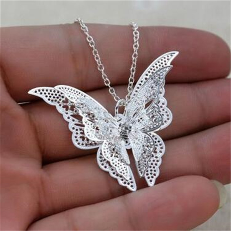 Fashion- New Women Lady Girl 925 Sterling Silver Plated Butterfly Necklace Pendant Fit Charm Fashion Jewelry Christmas Gift