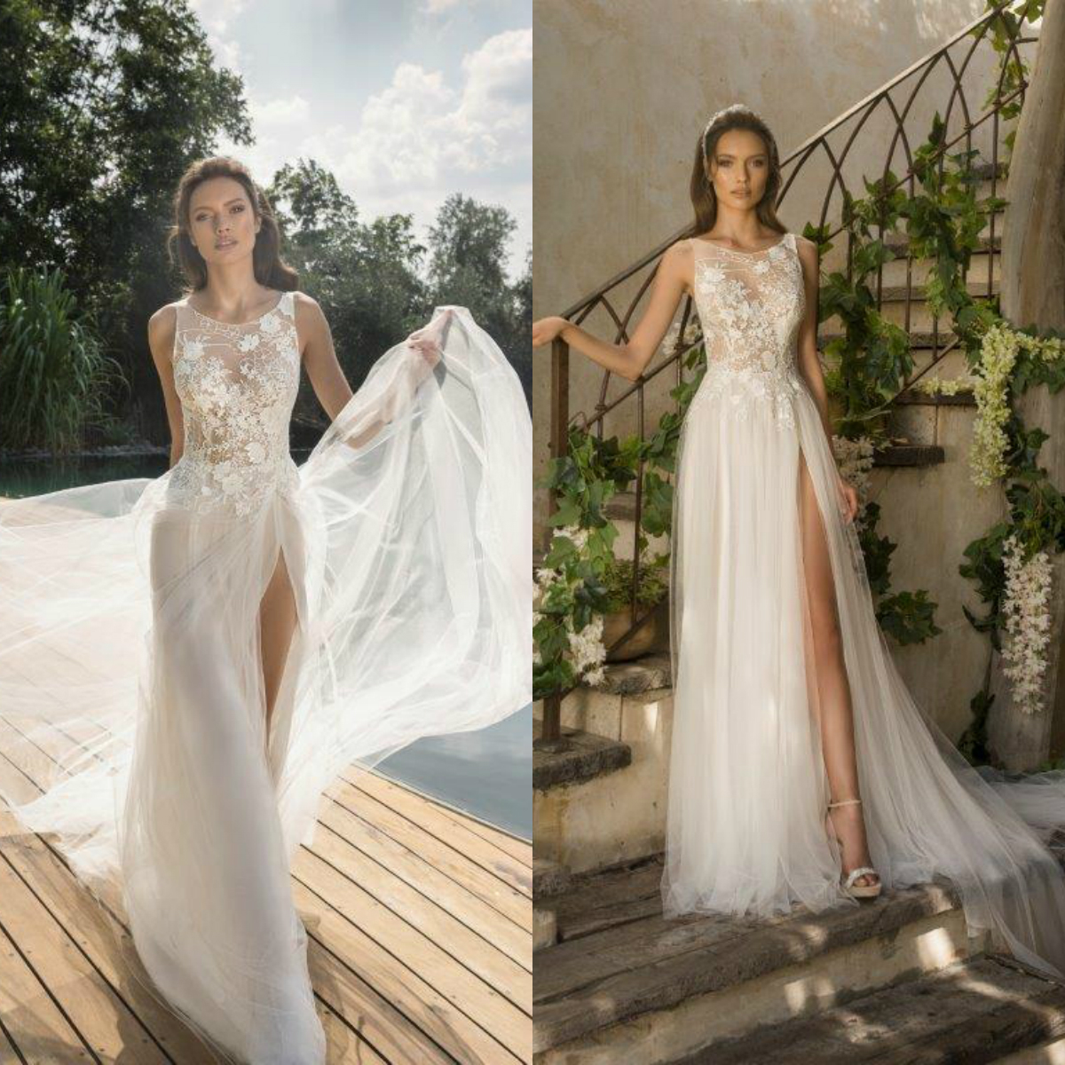 Julie Vino Wedding Dresses Boho Jewel Neck High Slit Lace Appliques Beach Wedding Dress Bohemian A Line Bridal Gowns Vestidos De Novia