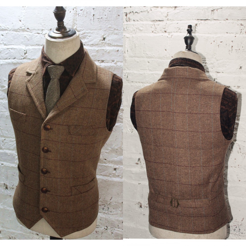 2020 Brown Plaid Groom Vests For Wedding Wool Herringbone Tweed Custom Made Slim Fit Mens Suit Vest Farm Prom Dress Waistcoat Plus Size