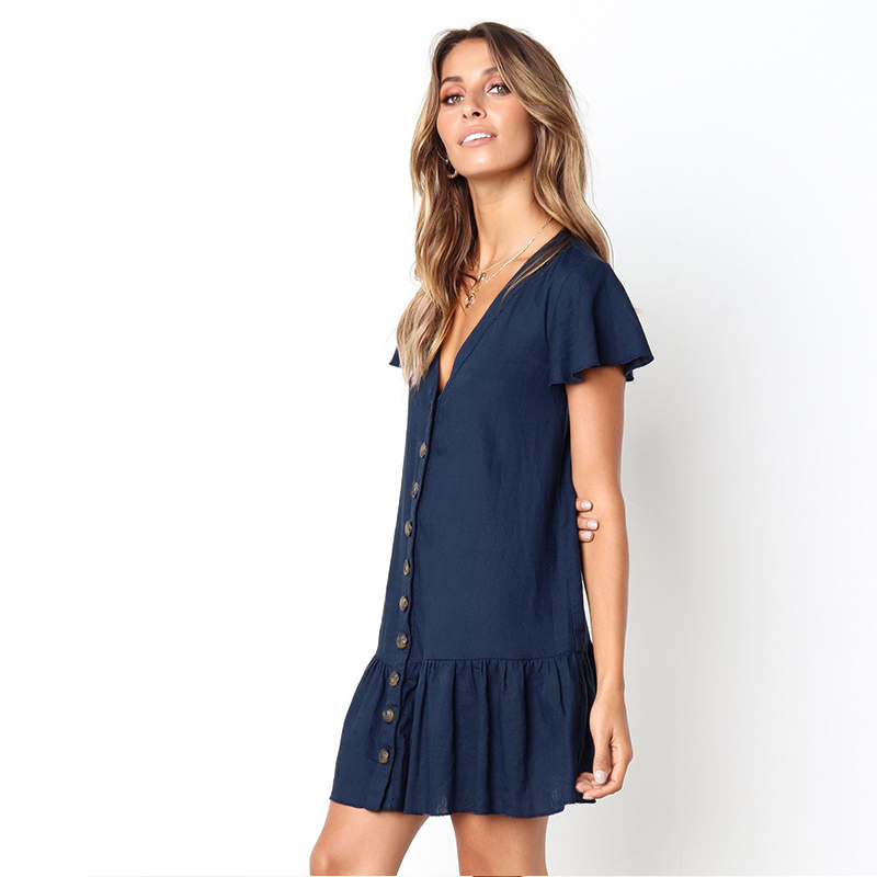 Casual Dresses Women Vintage Ruffle Button A-line Mini Dress Sexy V Neck Solid Loose Short Fashion Summer Elegant Party